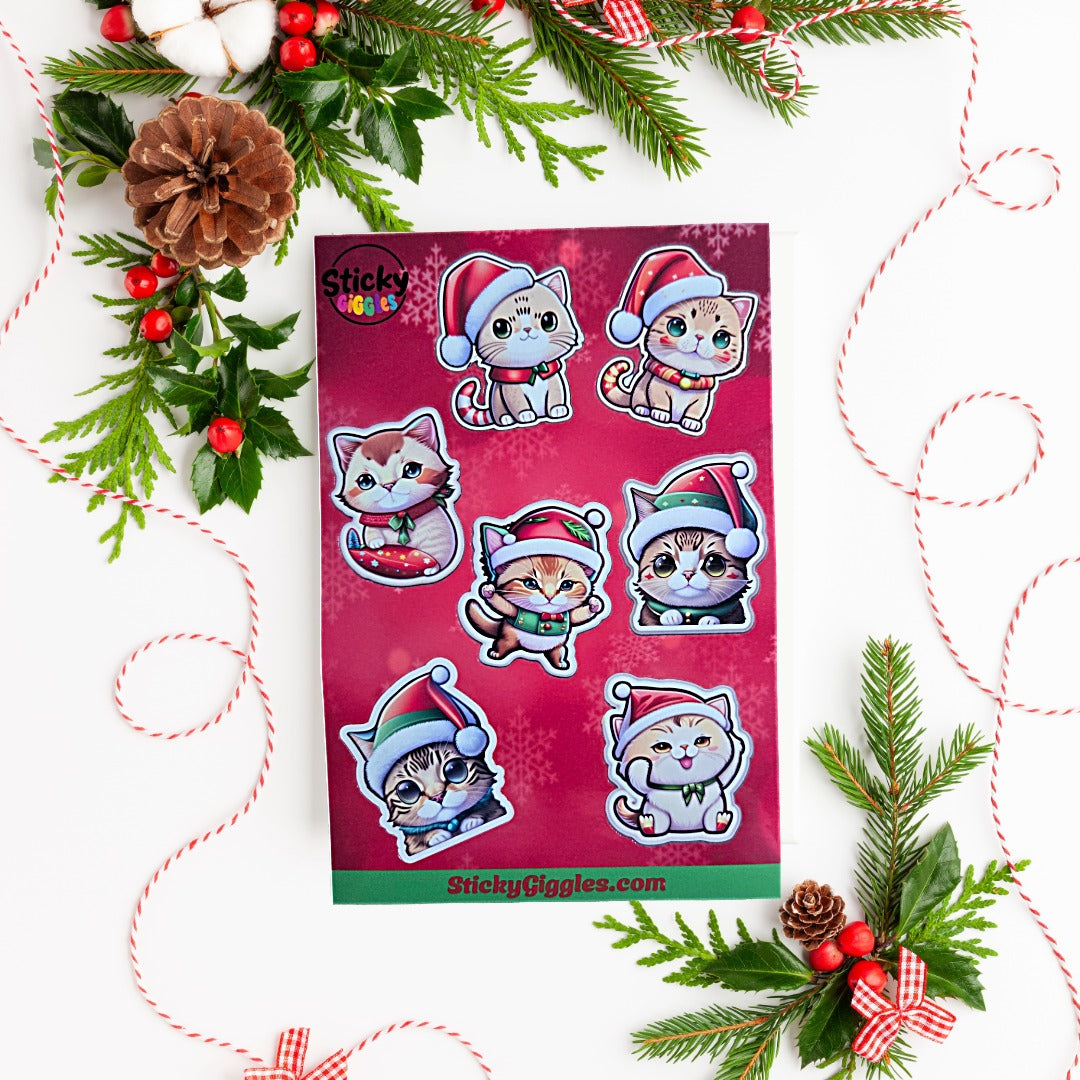 Adorable Christmas Cats Sticker Sheet 7 Stickers