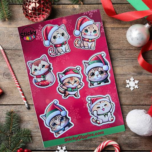 Adorable Christmas Cats Sticker Sheet 7 Stickers