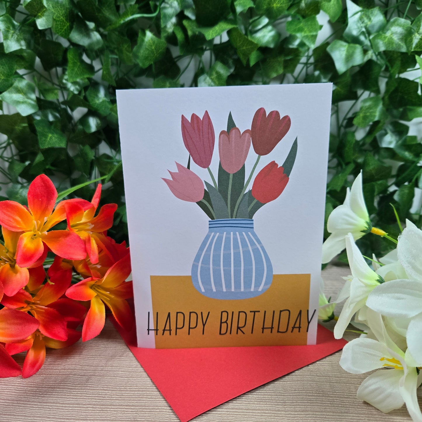 Tulips in Vase Happy Birthday Mom Card