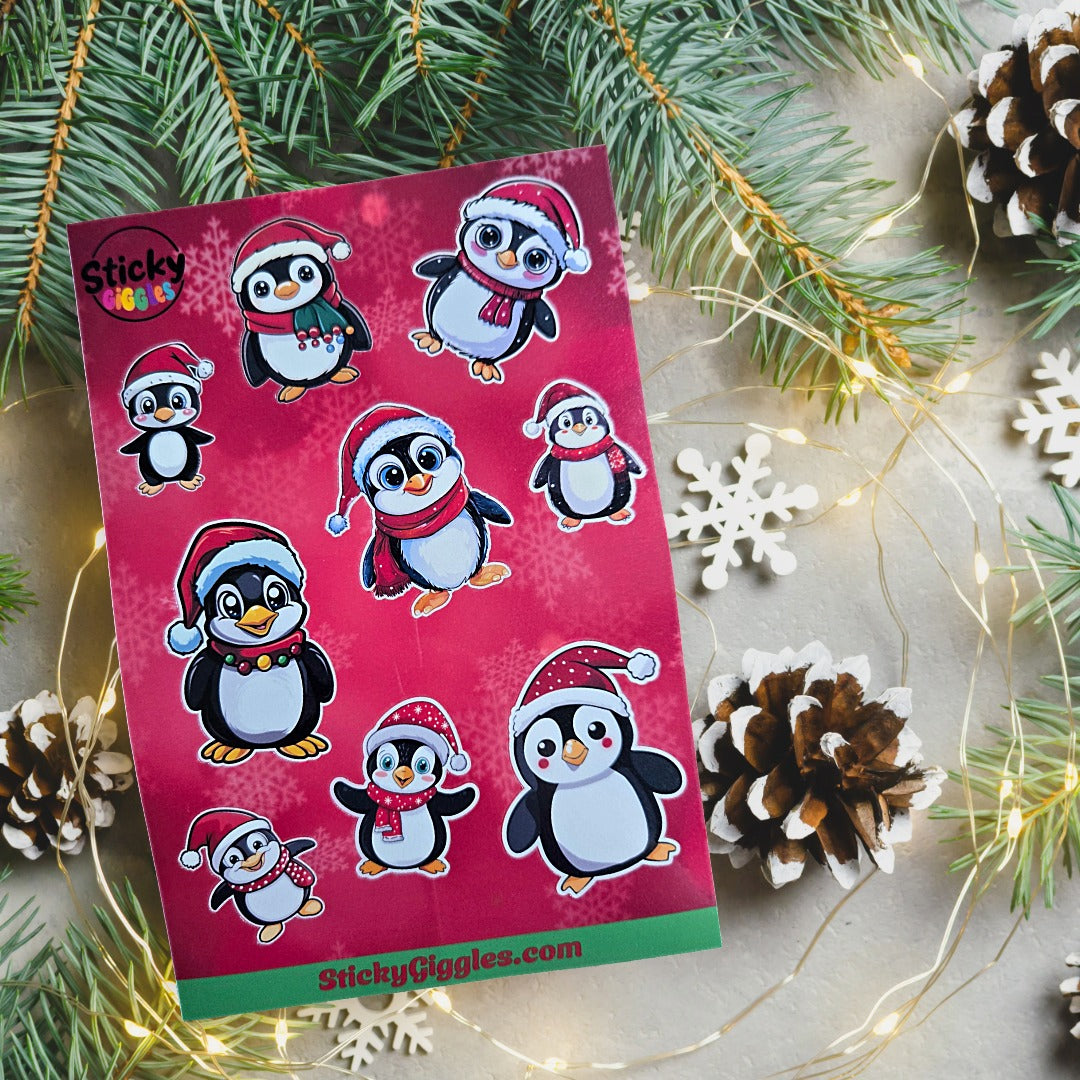 Festive Christmas Penguins Sticker Sheet 9 Stickers