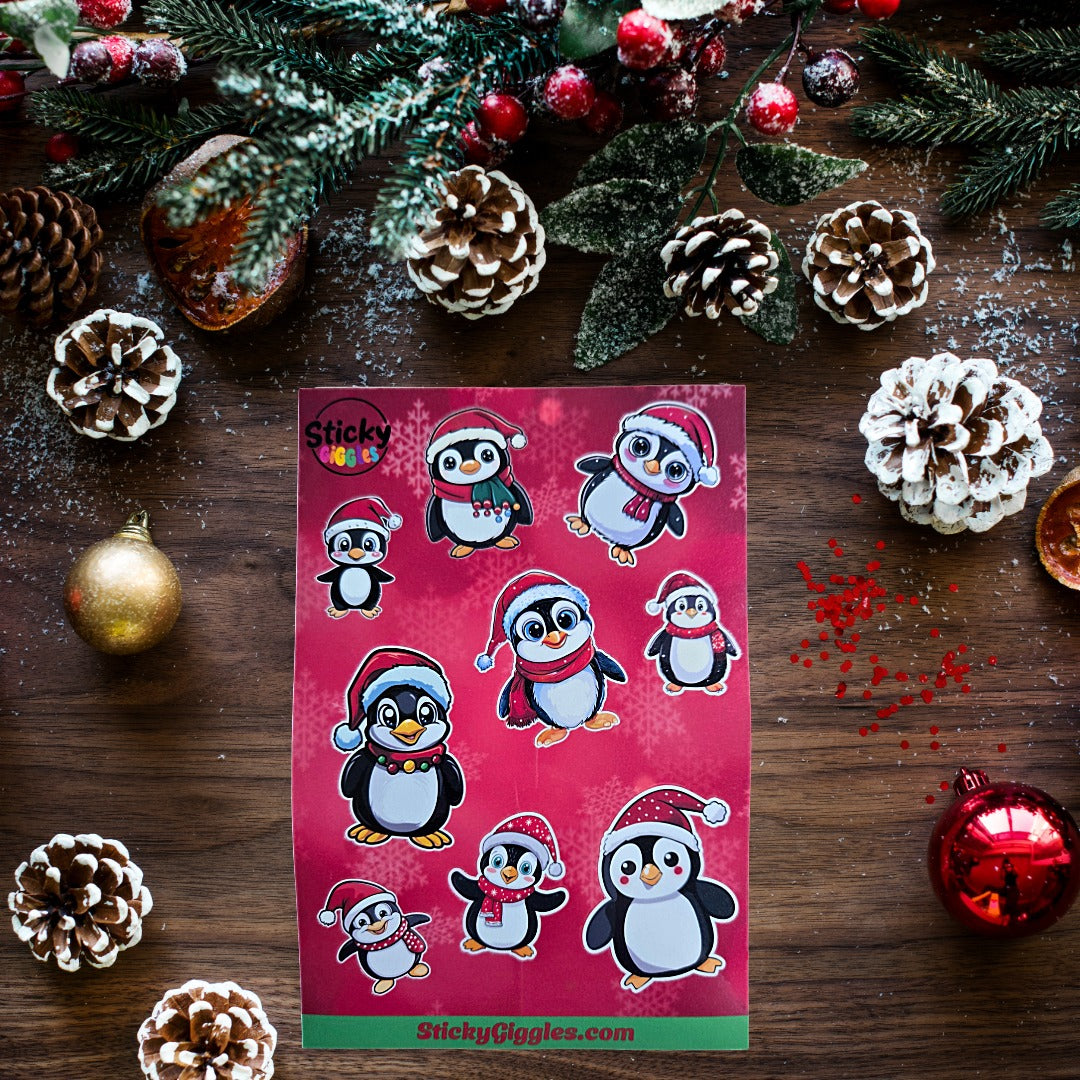 Festive Christmas Penguins Sticker Sheet 9 Stickers