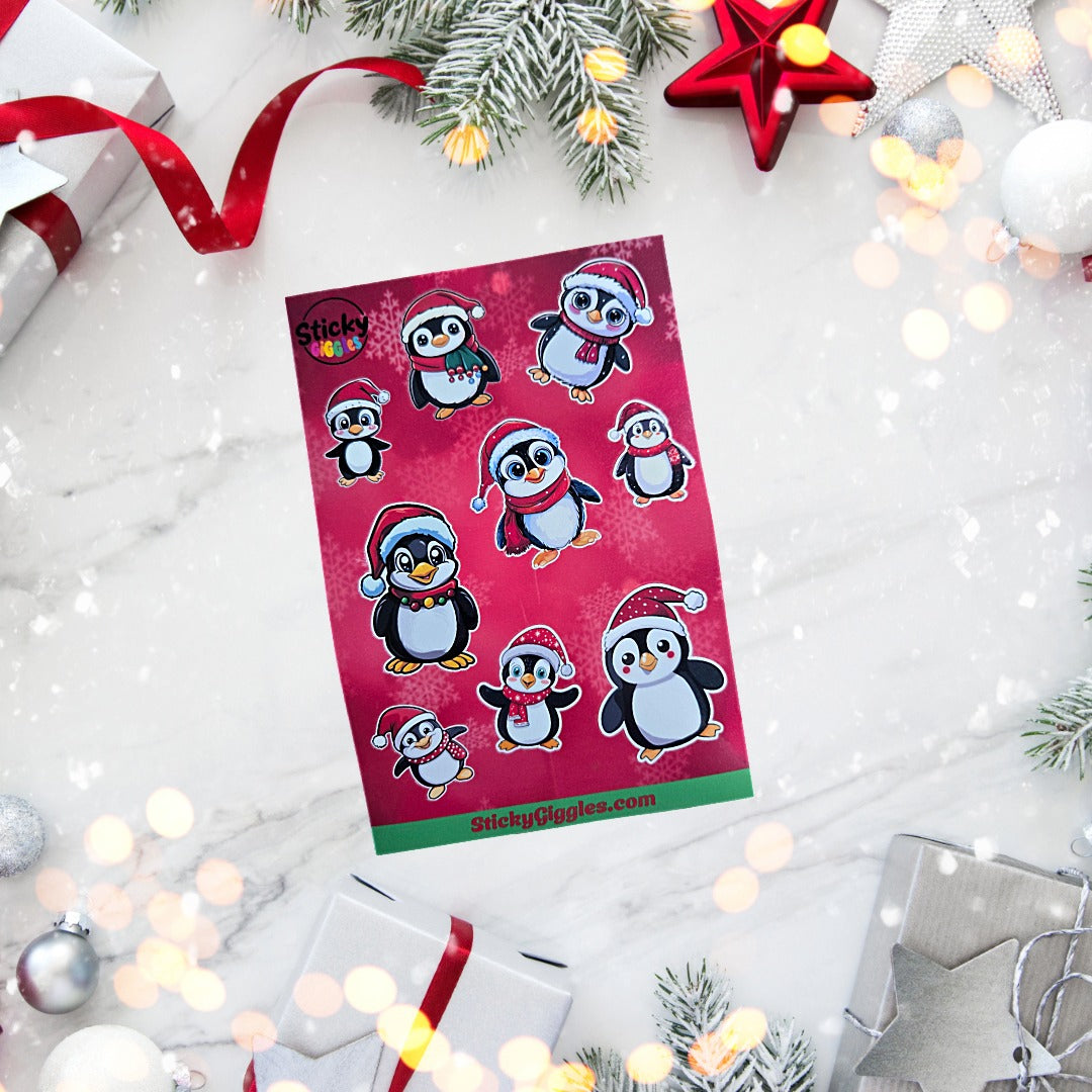 Festive Christmas Penguins Sticker Sheet 9 Stickers