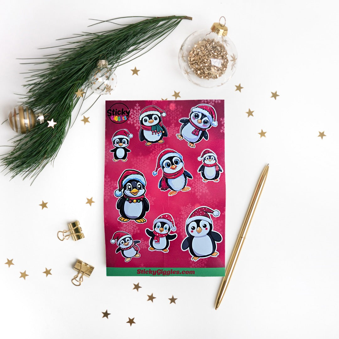Festive Christmas Penguins Sticker Sheet 9 Stickers