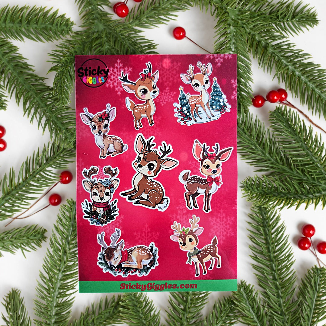 Cute Christmas Reindeer Sticker Sheet 8 Stickers