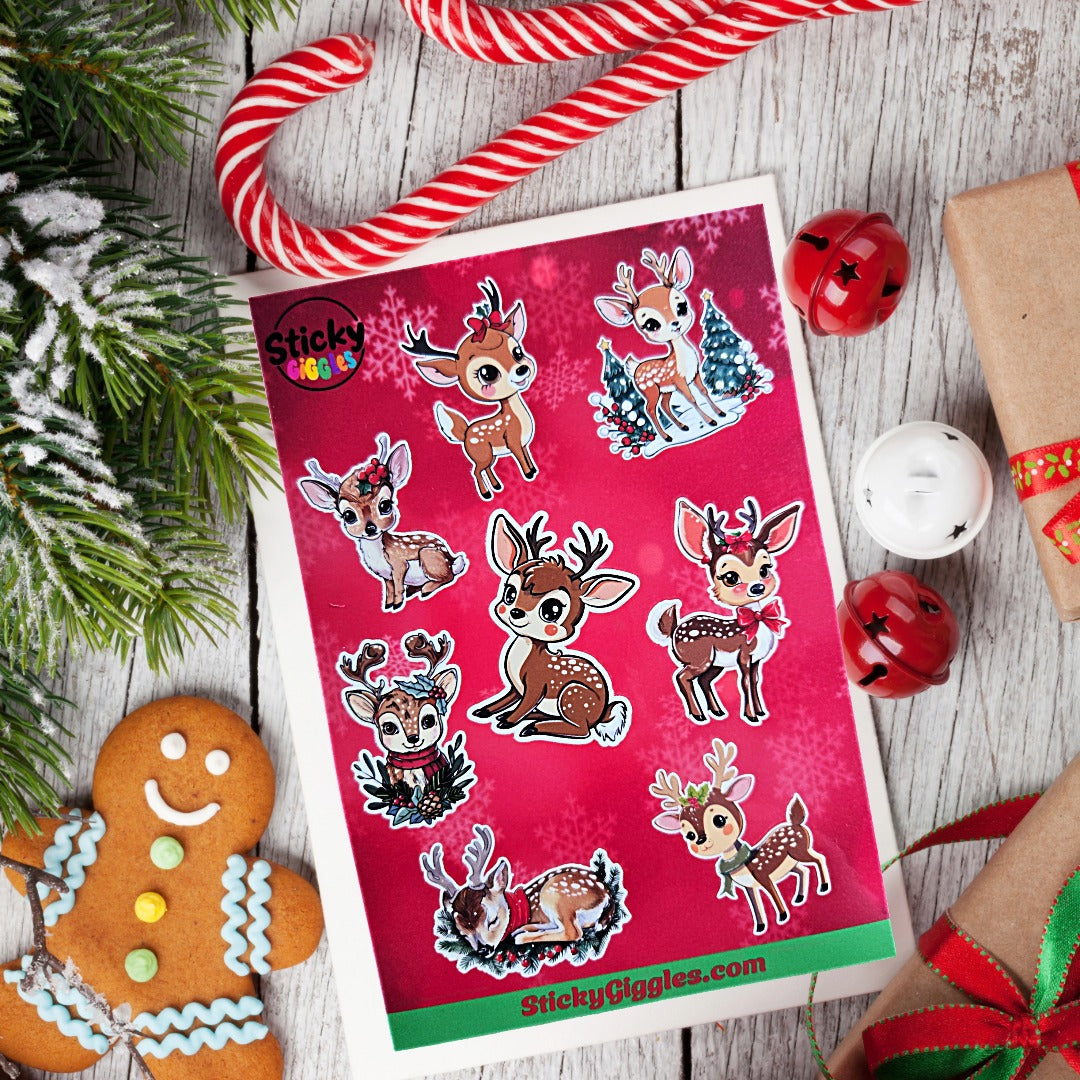 Cute Christmas Reindeer Sticker Sheet 8 Stickers
