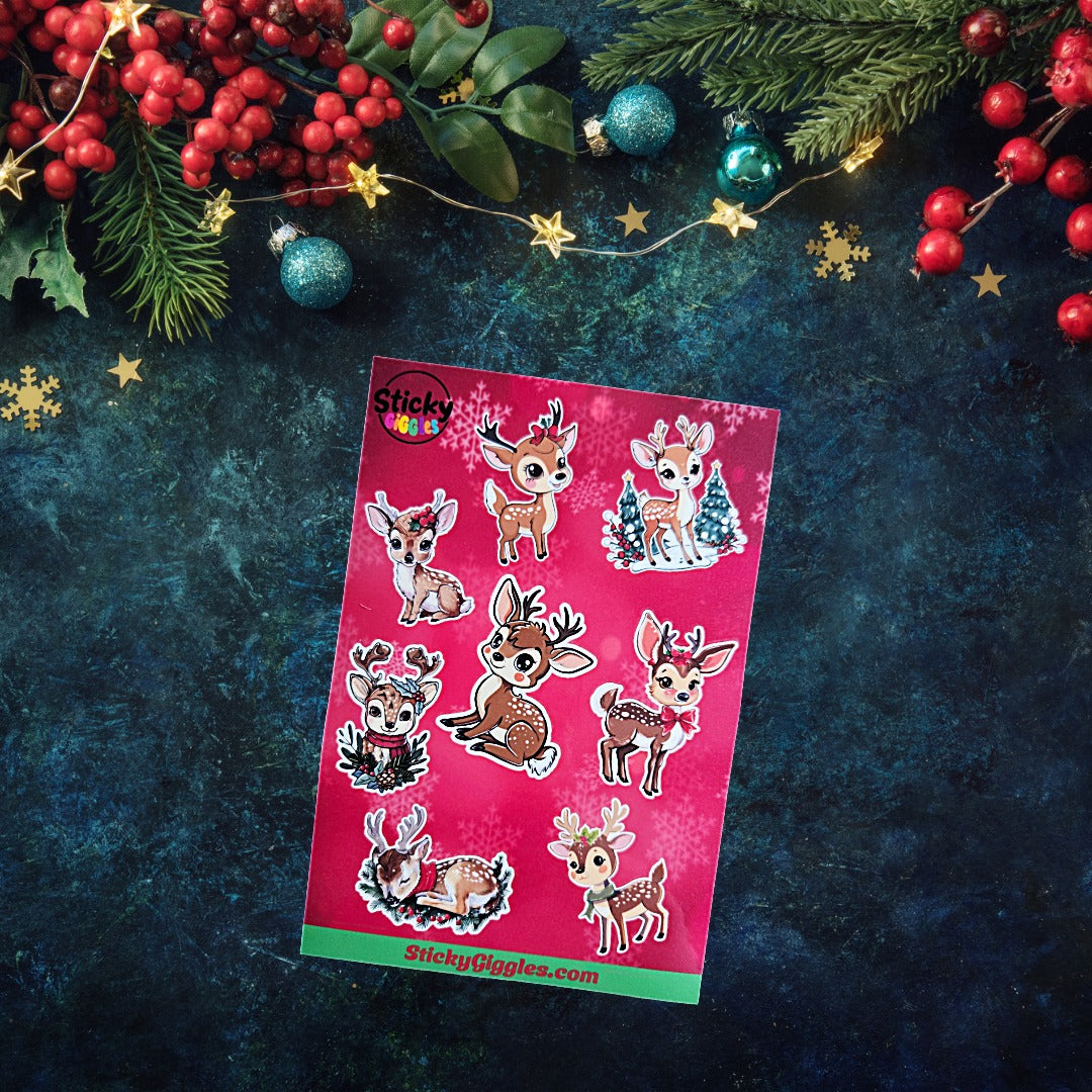 Cute Christmas Reindeer Sticker Sheet 8 Stickers