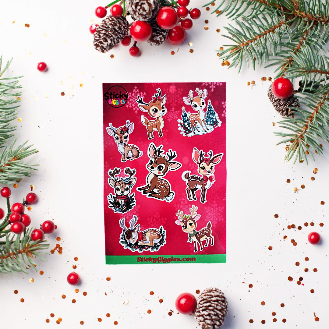 Cute Christmas Reindeer Sticker Sheet 8 Stickers