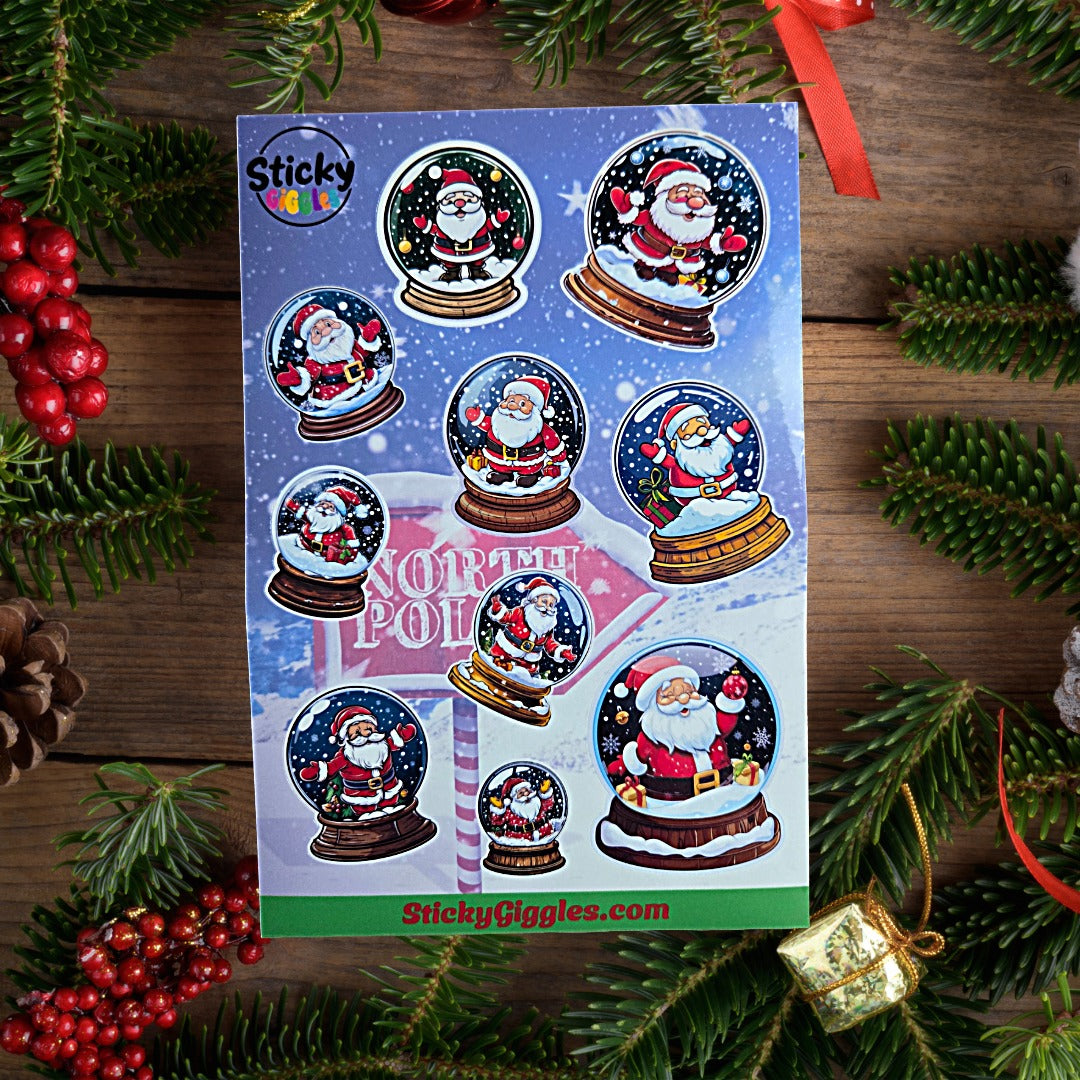 Santa in a Snow Globe Christmas Sticker Sheet 10 Stickers