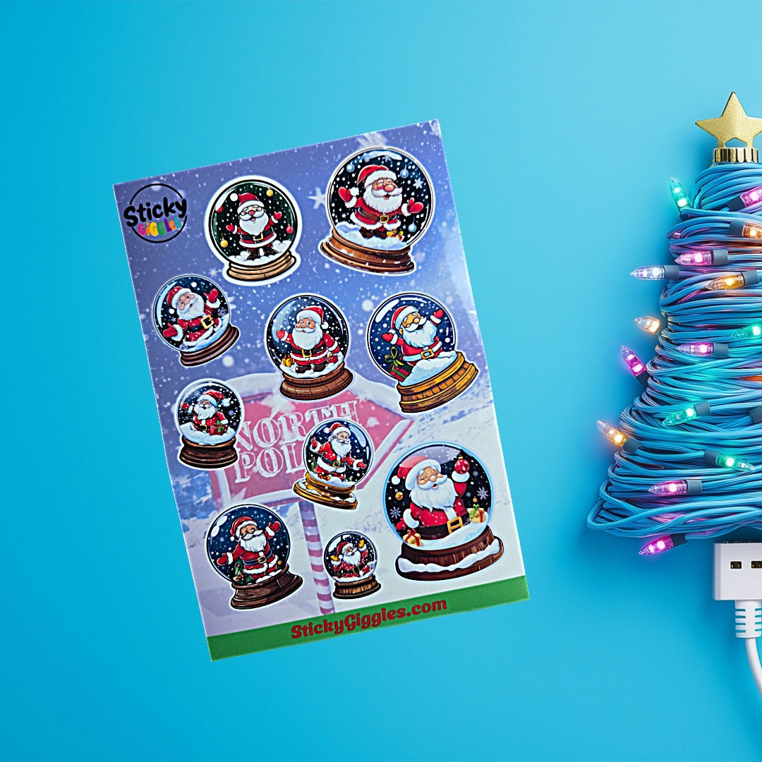 Santa in a Snow Globe Christmas Sticker Sheet 10 Stickers