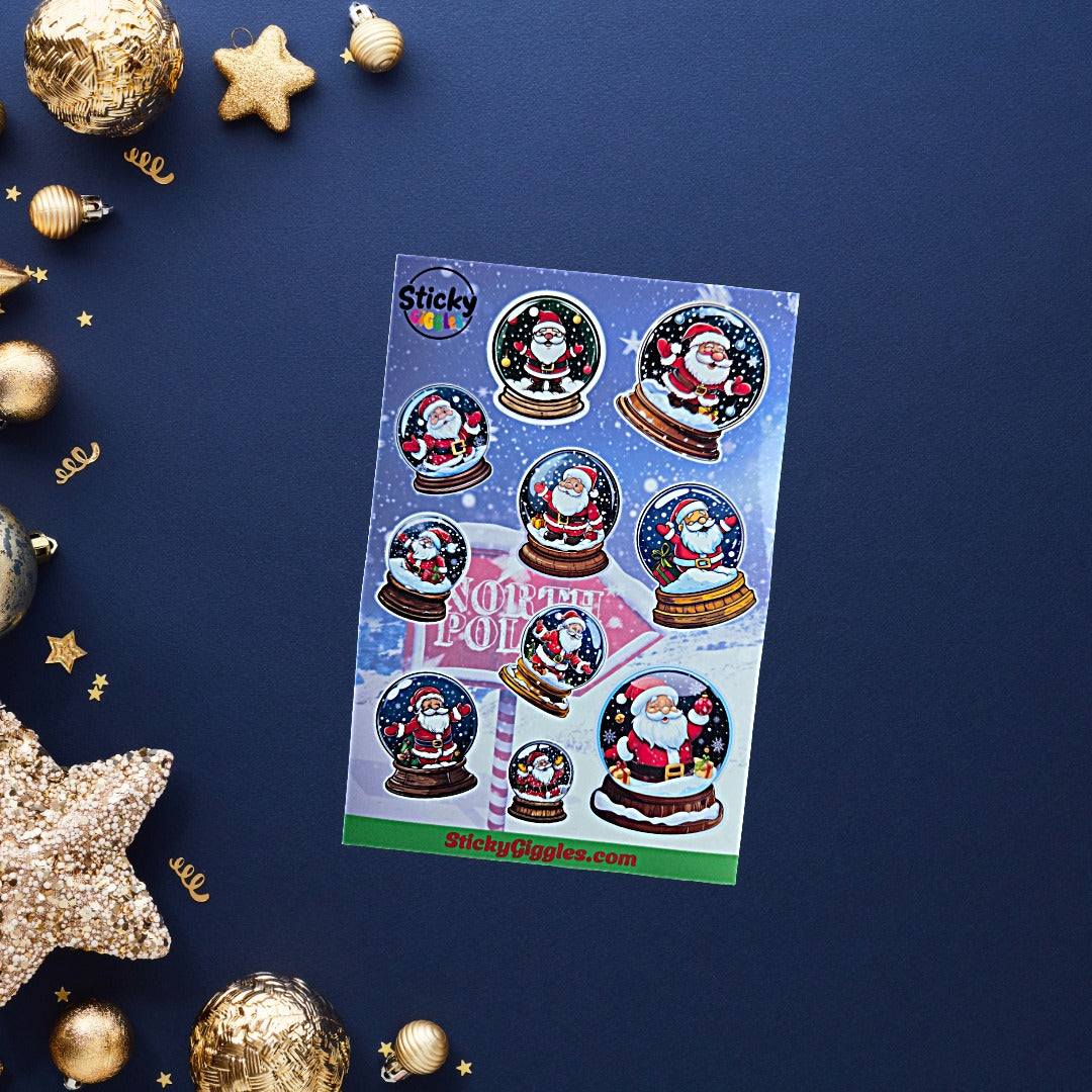 Santa in a Snow Globe Christmas Sticker Sheet 10 Stickers