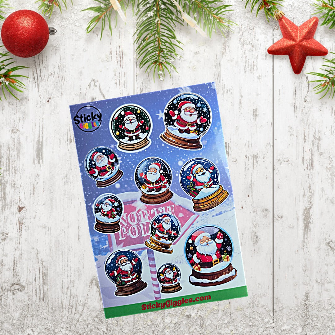 Santa in a Snow Globe Christmas Sticker Sheet 10 Stickers