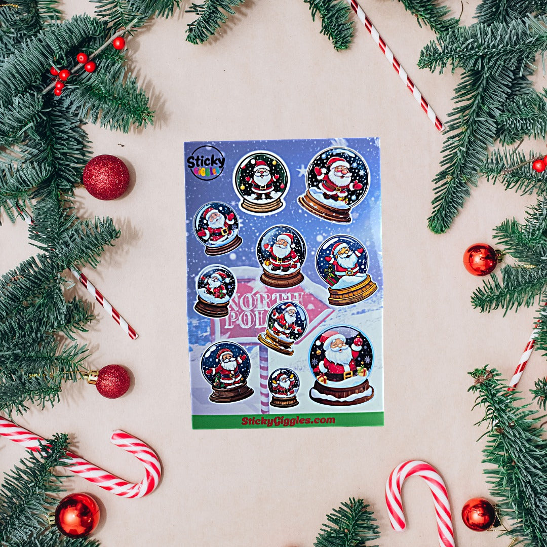 Santa in a Snow Globe Christmas Sticker Sheet 10 Stickers