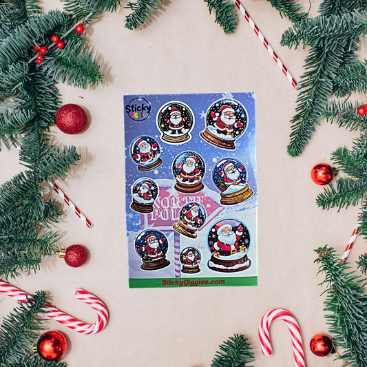 Santa in a Snow Globe Christmas Sticker Sheet 10 Stickers
