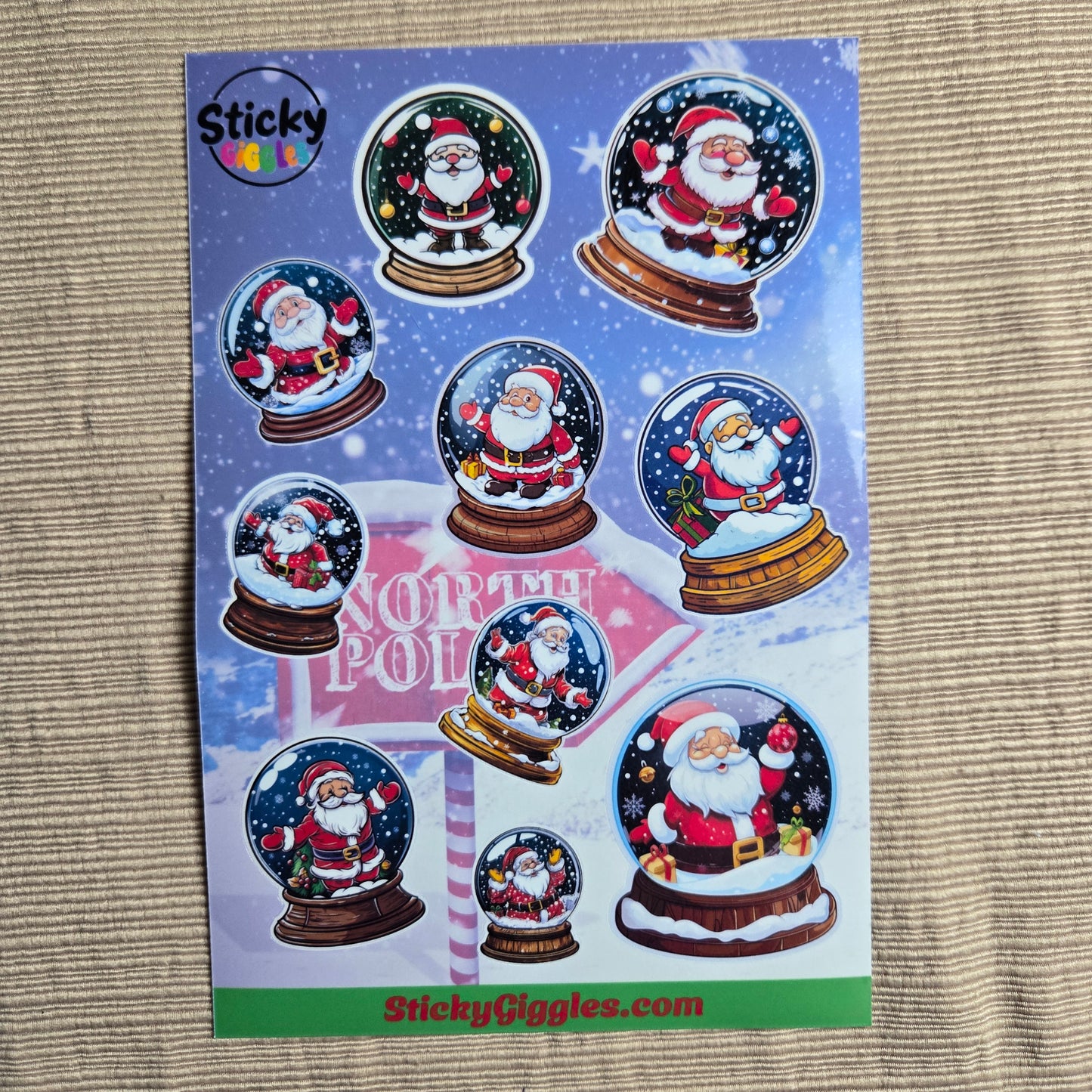 Santa in a Snow Globe Christmas Sticker Sheet 10 Stickers