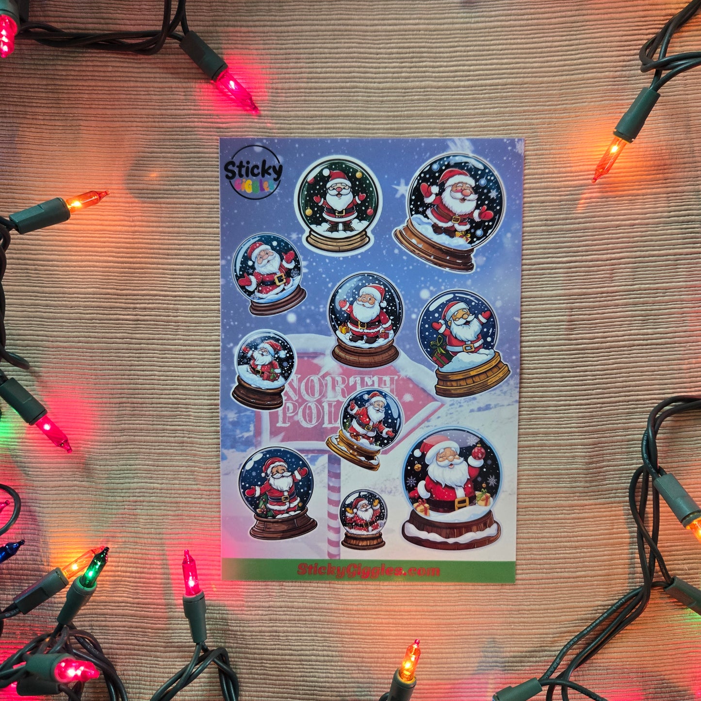 Santa in a Snow Globe Christmas Sticker Sheet 10 Stickers