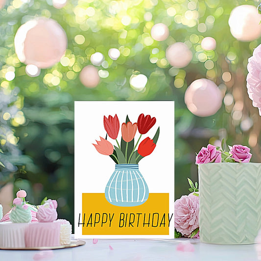 Tulips in Vase Happy Birthday Mom Card