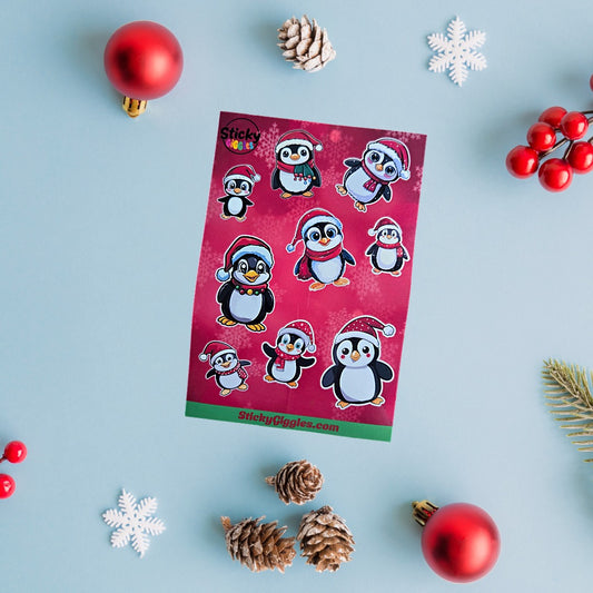 Festive Christmas Penguins Sticker Sheet 9 Stickers