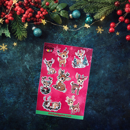 Cute Christmas Reindeer Sticker Sheet 8 Stickers