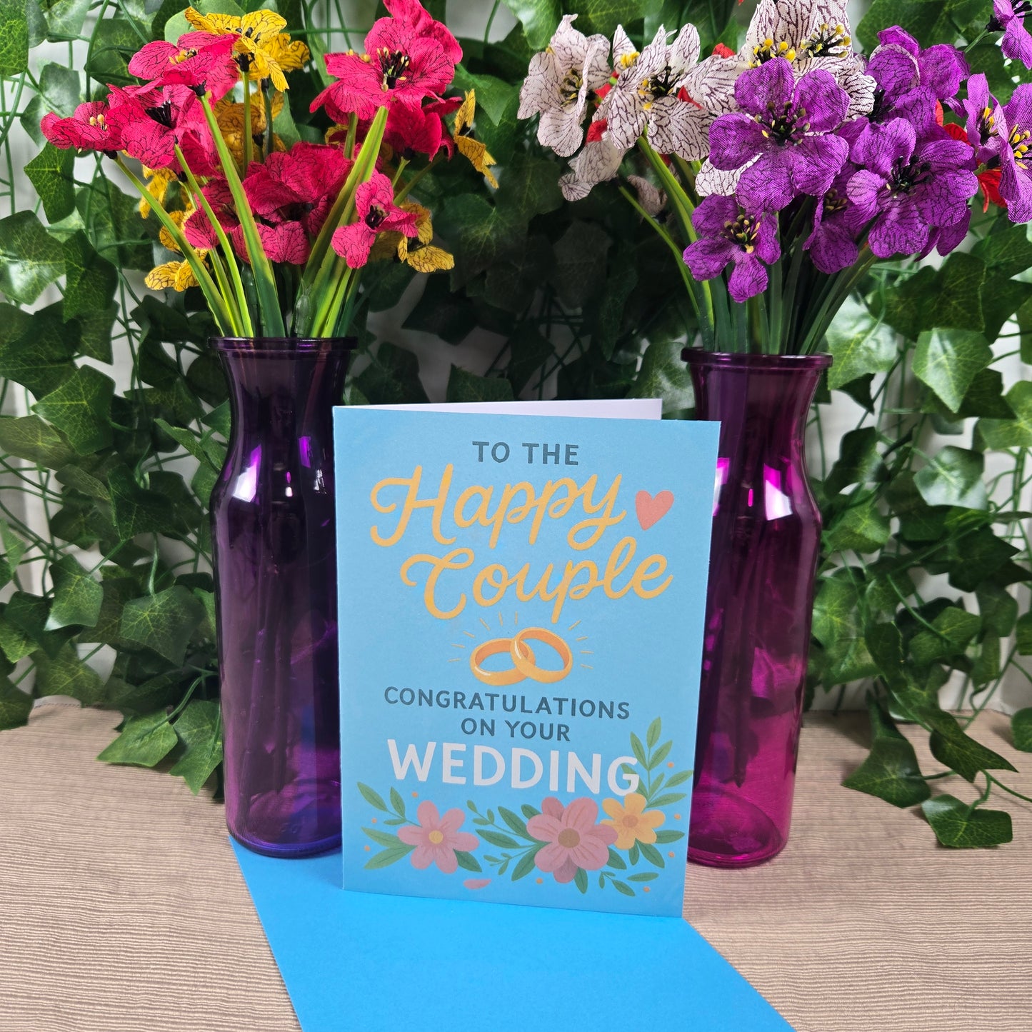 Bright Floral with Rings Wedding Card